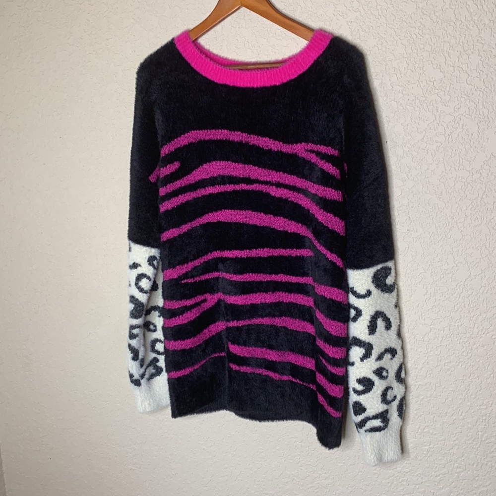Fuzzy Leopard And Zebra Print Sweater - image 2
